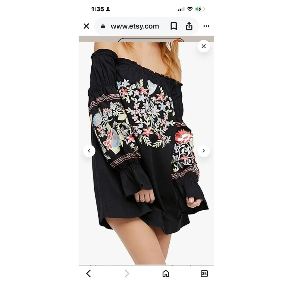 Free People Faded Bloom Mini Dress  MEDIUM Black Floral Embroidered OB626578